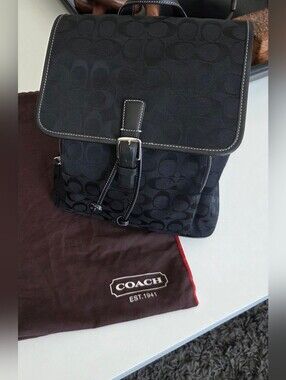 New Coach Signature Drawstring Backpack 6080 Black Monogram Canvas Leather Trim